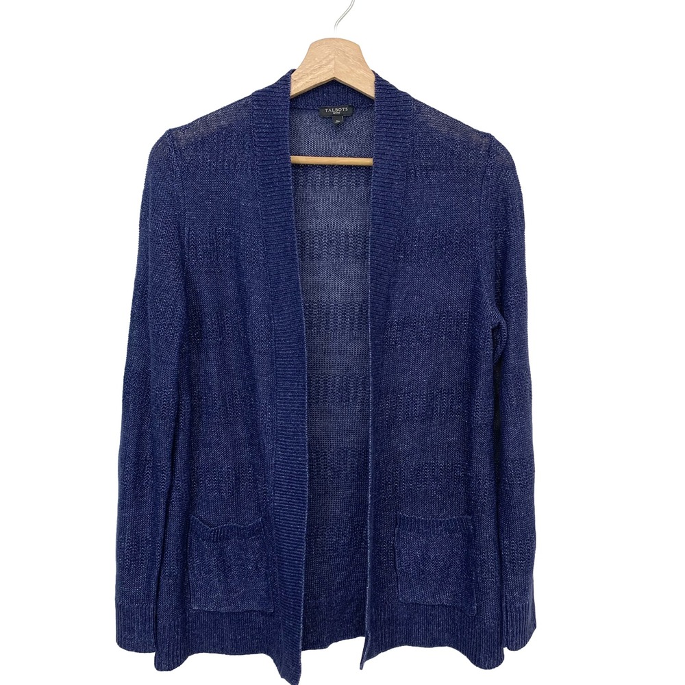 Talbots Open 100% Linen Cardigan Woman SP Blue Pockets Stretch Minimalist Travel